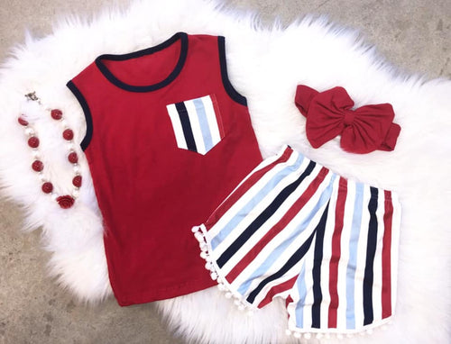 Red, White, and Blue Pom Pom Short Set