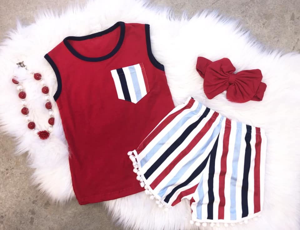 Red, White, and Blue Pom Pom Short Set